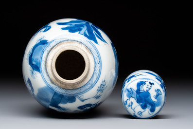 A Chinese blue and white 'Long Eliza' tea caddy and cover, Chenghua mark, Kangxi