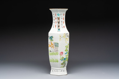 A Chinese Qianjiang cai hexagonal 'Figural' and 'Rooster' vase, signed Gao Hengsheng 高恆生, dated 1897