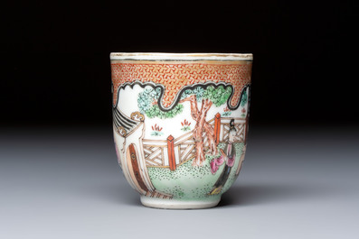 A fine Chinese Canton famille rose cup and saucer with figural design, Yongzheng/Qianlong