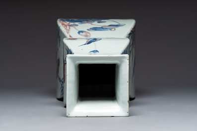 A Chinese blue, white and copper-red 'Birds among Flowering Branches' square gourd vase, 19th C.