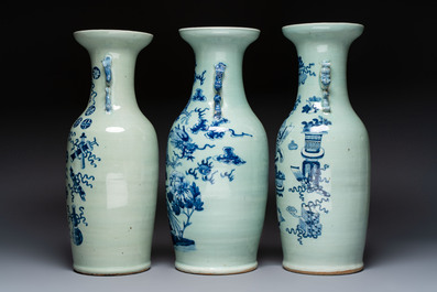 Five Chinese blue and white celadon-ground vases, 19th C.