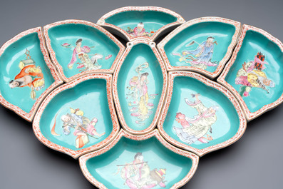 A rare Chinese famille rose turquoise-ground nine-piece 'butterfly' sweetmeat set with immortals, Guangxu mark and of the period