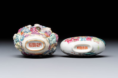 Two Chinese famille rose '18 Luohan' snuff bottles, Qianlong and Daoguang marks, 19th C.