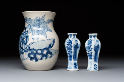 A Chinese blue and white vase, a pair of miniature vases, a covered teapot and a covered box, Kangxi and artemisia leaf mark, Kangxi