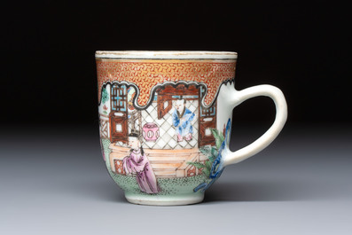 A fine Chinese Canton famille rose cup and saucer with figural design, Yongzheng/Qianlong