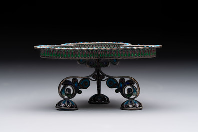 A Russian silver enamel tripod tazza, Julius Rappaport, St. Petersburg, 19/20th C.