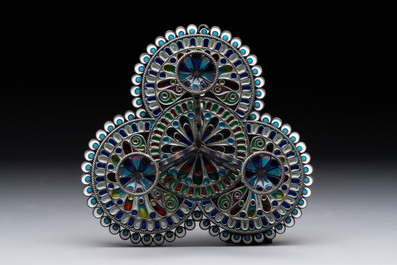 A Russian silver enamel tripod tazza, Julius Rappaport, St. Petersburg, 19/20th C.
