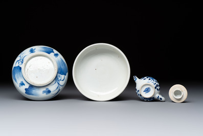 A Chinese blue and white vase, a pair of miniature vases, a covered teapot and a covered box, Kangxi and artemisia leaf mark, Kangxi