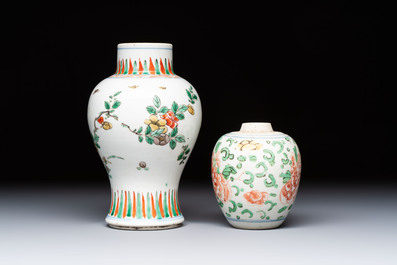 A Chinese wucai 'Poem' vase and a 'Peony scroll' jar, signed Hui An 卉菴, Kangxi