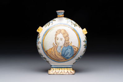 A polychrome Italian maiolica pilgrim bottle with two portrait busts, Castelli, 18th C.
