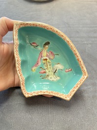 A rare Chinese famille rose turquoise-ground nine-piece 'butterfly' sweetmeat set with immortals, Guangxu mark and of the period