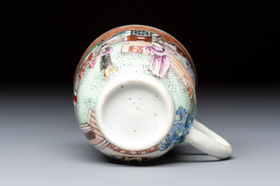 A fine Chinese Canton famille rose cup and saucer with figural design, Yongzheng/Qianlong