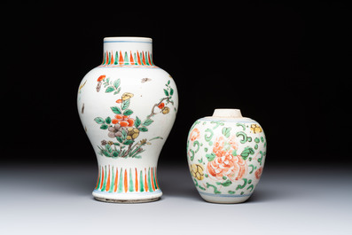 A Chinese wucai 'Poem' vase and a 'Peony scroll' jar, signed Hui An 卉菴, Kangxi