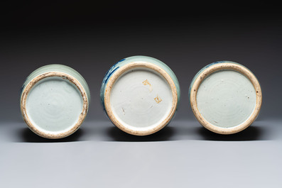 Five Chinese blue and white celadon-ground vases, 19th C.