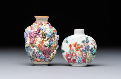 Two Chinese famille rose '18 Luohan' snuff bottles, Qianlong and Daoguang marks, 19th C.