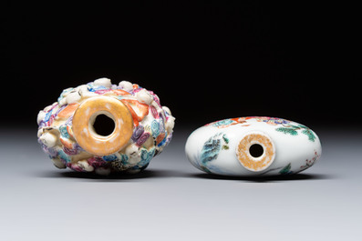 Two Chinese famille rose '18 Luohan' snuff bottles, Qianlong and Daoguang marks, 19th C.