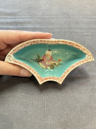 A rare Chinese famille rose turquoise-ground nine-piece 'butterfly' sweetmeat set with immortals, Guangxu mark and of the period