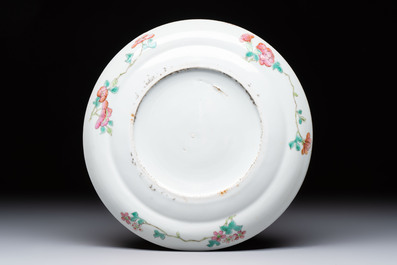 Three Chinese famille rose dishes, two plates, and a saucer, various marks, 19th C.