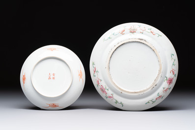 Three Chinese famille rose dishes, two plates, and a saucer, various marks, 19th C.