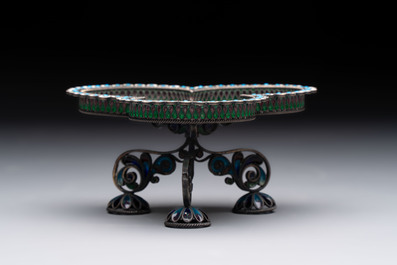 A Russian silver enamel tripod tazza, Julius Rappaport, St. Petersburg, 19/20th C.