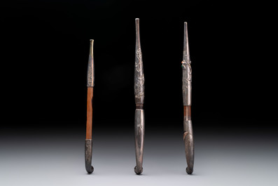 Three Japanese parcel-gilt silver and wooden 'Kiseru' or tobacco pipes, 19/20th C.
