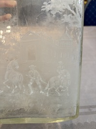 A large engraved glass 'hunting scene' flask, Southern Germany, 18th C.