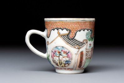 A fine Chinese Canton famille rose cup and saucer with figural design, Yongzheng/Qianlong