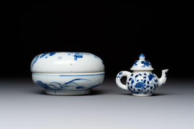 A Chinese blue and white vase, a pair of miniature vases, a covered teapot and a covered box, Kangxi and artemisia leaf mark, Kangxi