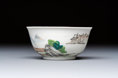 A rare Chinese famille rose erotic 'Milkmaid' cup and saucer, Qianlong, ca. 1740