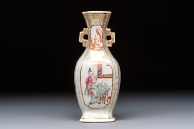 A Chinese Canton famille rose gilt-decorated vase with figural design, Qianlong