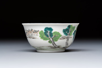A rare Chinese famille rose erotic 'Milkmaid' cup and saucer, Qianlong, ca. 1740