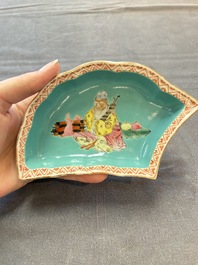 A rare Chinese famille rose turquoise-ground nine-piece 'butterfly' sweetmeat set with immortals, Guangxu mark and of the period