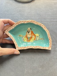 A rare Chinese famille rose turquoise-ground nine-piece 'butterfly' sweetmeat set with immortals, Guangxu mark and of the period