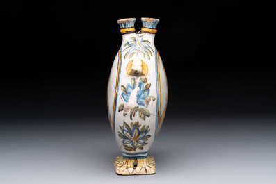 A polychrome Italian maiolica pilgrim bottle with two portrait busts, Castelli, 18th C.