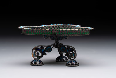 A Russian silver enamel tripod tazza, Julius Rappaport, St. Petersburg, 19/20th C.