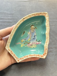 A rare Chinese famille rose turquoise-ground nine-piece 'butterfly' sweetmeat set with immortals, Guangxu mark and of the period
