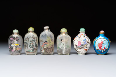 Six Chinese famille rose, enamelled copper and inside-painted glass snuff bottles, various signatures, Qianlong mark, 19/20th C.