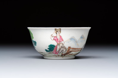 A rare Chinese famille rose erotic 'Milkmaid' cup and saucer, Qianlong, ca. 1740