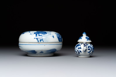 A Chinese blue and white vase, a pair of miniature vases, a covered teapot and a covered box, Kangxi and artemisia leaf mark, Kangxi