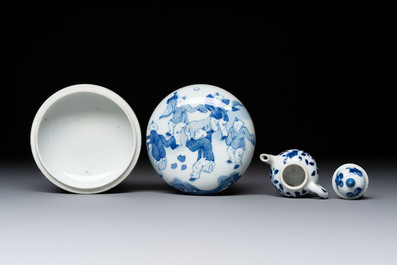 A Chinese blue and white vase, a pair of miniature vases, a covered teapot and a covered box, Kangxi and artemisia leaf mark, Kangxi