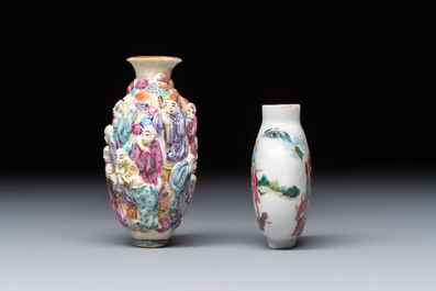 Two Chinese famille rose '18 Luohan' snuff bottles, Qianlong and Daoguang marks, 19th C.