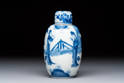 A Chinese blue and white 'Long Eliza' tea caddy and cover, Chenghua mark, Kangxi