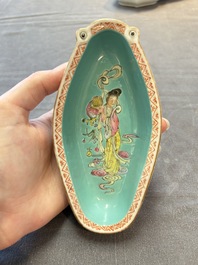 A rare Chinese famille rose turquoise-ground nine-piece 'butterfly' sweetmeat set with immortals, Guangxu mark and of the period