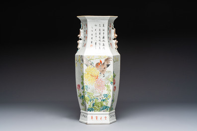 A Chinese Qianjiang cai hexagonal 'Figural' and 'Rooster' vase, signed Gao Hengsheng 高恆生, dated 1897
