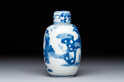 A Chinese blue and white 'Long Eliza' tea caddy and cover, Chenghua mark, Kangxi