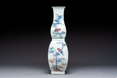 A Chinese blue, white and copper-red 'Birds among Flowering Branches' square gourd vase, 19th C.