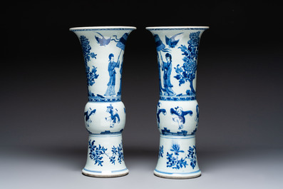 A pair of large Chinese blue and white 'Gu' vases with elegant ladies and playing boys, Kangxi