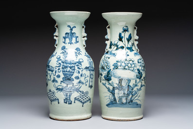 Five Chinese blue and white celadon-ground vases, 19th C.