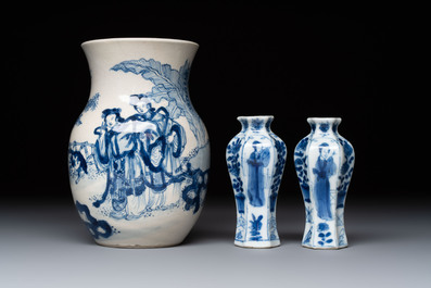 A Chinese blue and white vase, a pair of miniature vases, a covered teapot and a covered box, Kangxi and artemisia leaf mark, Kangxi