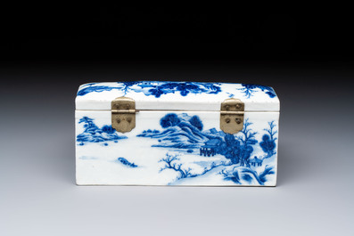 A rare Chinese blue and white 'Mountainous Landscape' writing set with an inkwell, sander and candlestick, Qianlong